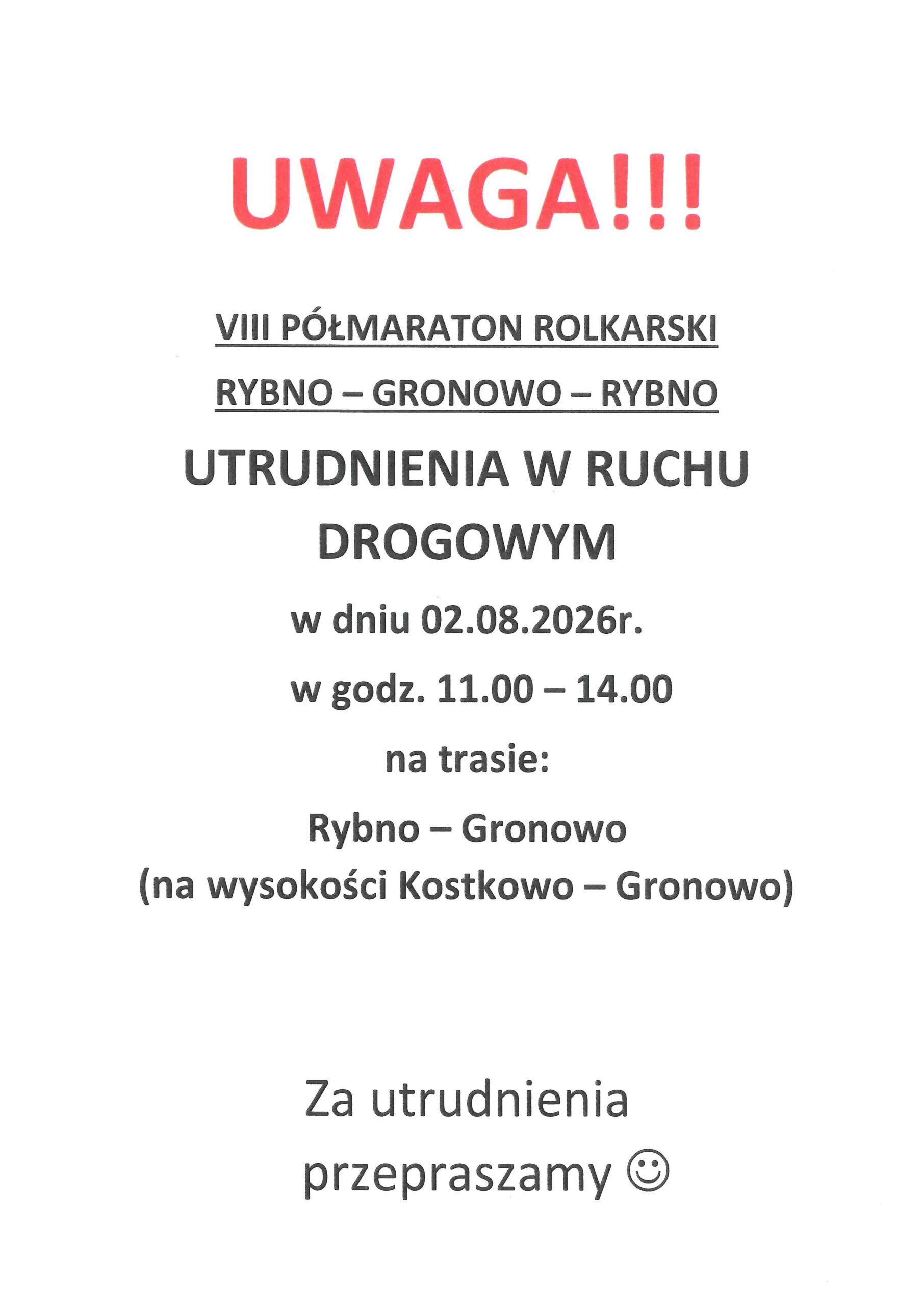 ⚠️ UWAGA KIEROWCY! UTRUDNIENIA W RUCHU – 2.08.2026 r. ⚠️